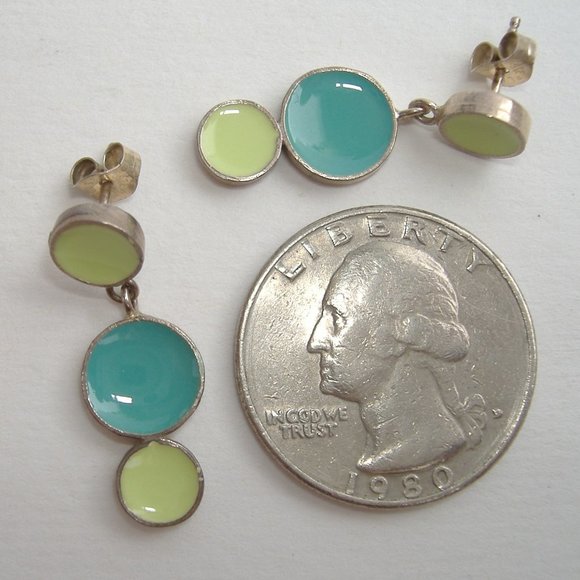 Aqua Lime Dot Enamel Earrings Green Blue Sterling Silver Handmade Post New Gift - Picture 6 of 6